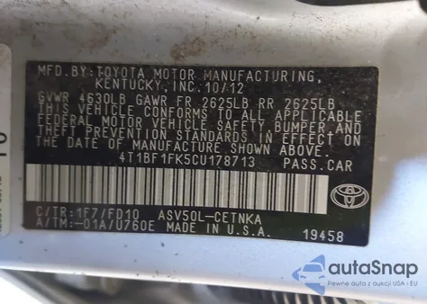 2012 Toyota Camry Le из США, поврежденный, VIN 4T1BF1FK5CU178713